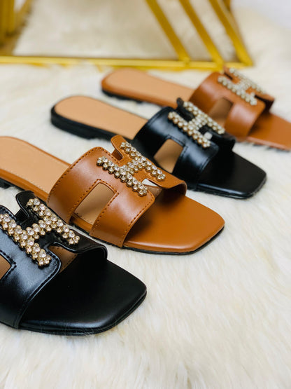 H-E-R-M-È-S Stone Flat Slippers – Elegant Women Footwear (Brown)