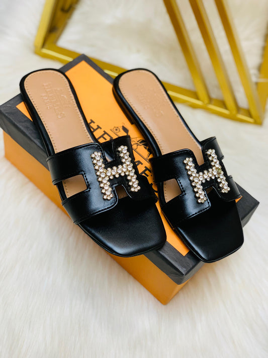 H-E-R-M-È-S Stone Flat Slippers – Elegant Women Footwear (Black)