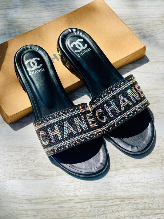 C-H-A-N-E-L Stone Heels – Elegant Women Footwear (Black)