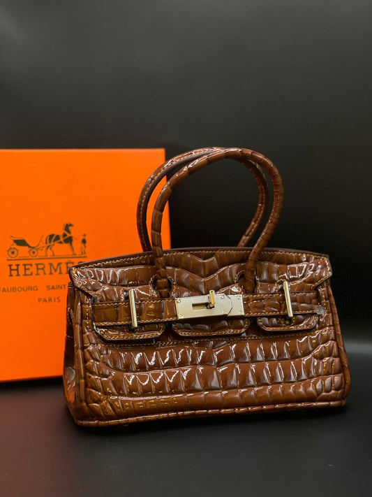 H-E-R-M-È-S Style Croc-Embossed Mini Top-Handle Women Bag – Luxury Inspired (Brown)