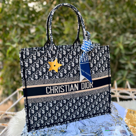 C-H-R-I-S-T-I-A-N D-I-O-R Book Tote Women Bag – Fully Embroidered Luxury Edition (Blue)