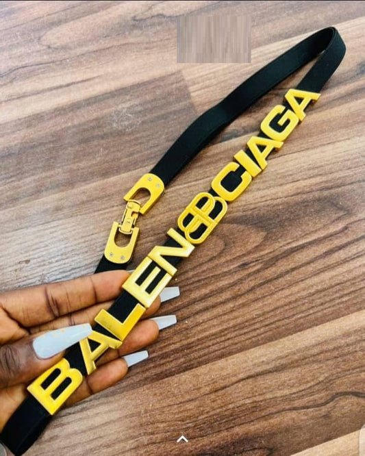 B-A-L-E-N-C-I-A-G-A Logo Metal Belt – Stretchable Luxury Edition (Black/Gold)