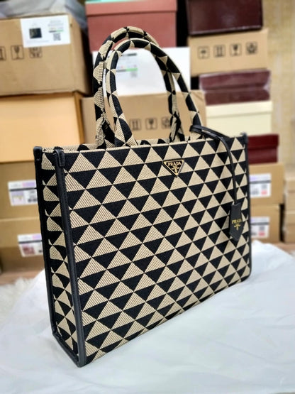 P-R-A-D-A Symbole Jacquard Tote – Premium Women Bag (Black/Beige)