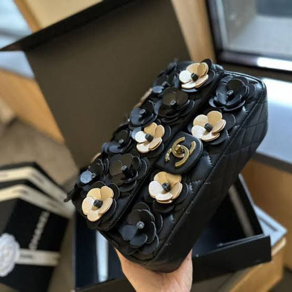 C-H-A-N-E-L Rectangular Camellia Flap Women Bag – Premium Edition (Black)