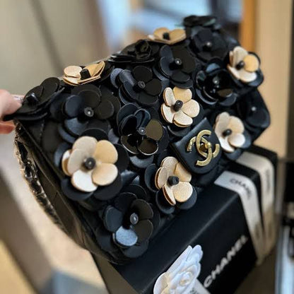 C-H-A-N-E-L Rectangular Camellia Flap Women Bag – Premium Edition (Black)