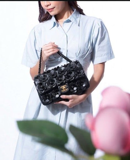 C-H-A-N-E-L Rectangular Camellia Flap Women Bag – Premium Edition (Black)