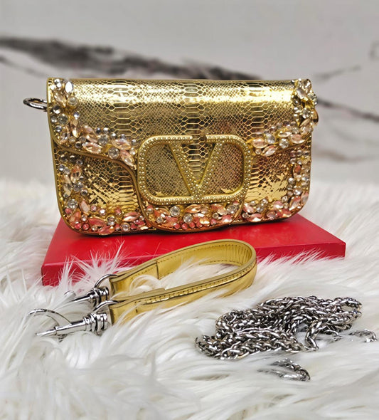 V-A-L-E-N-T-I-N-O G-A-R-A-V-A-N-I Locò Small Crossbody Women Bag – Crystal Edition (Gold Design-1)
