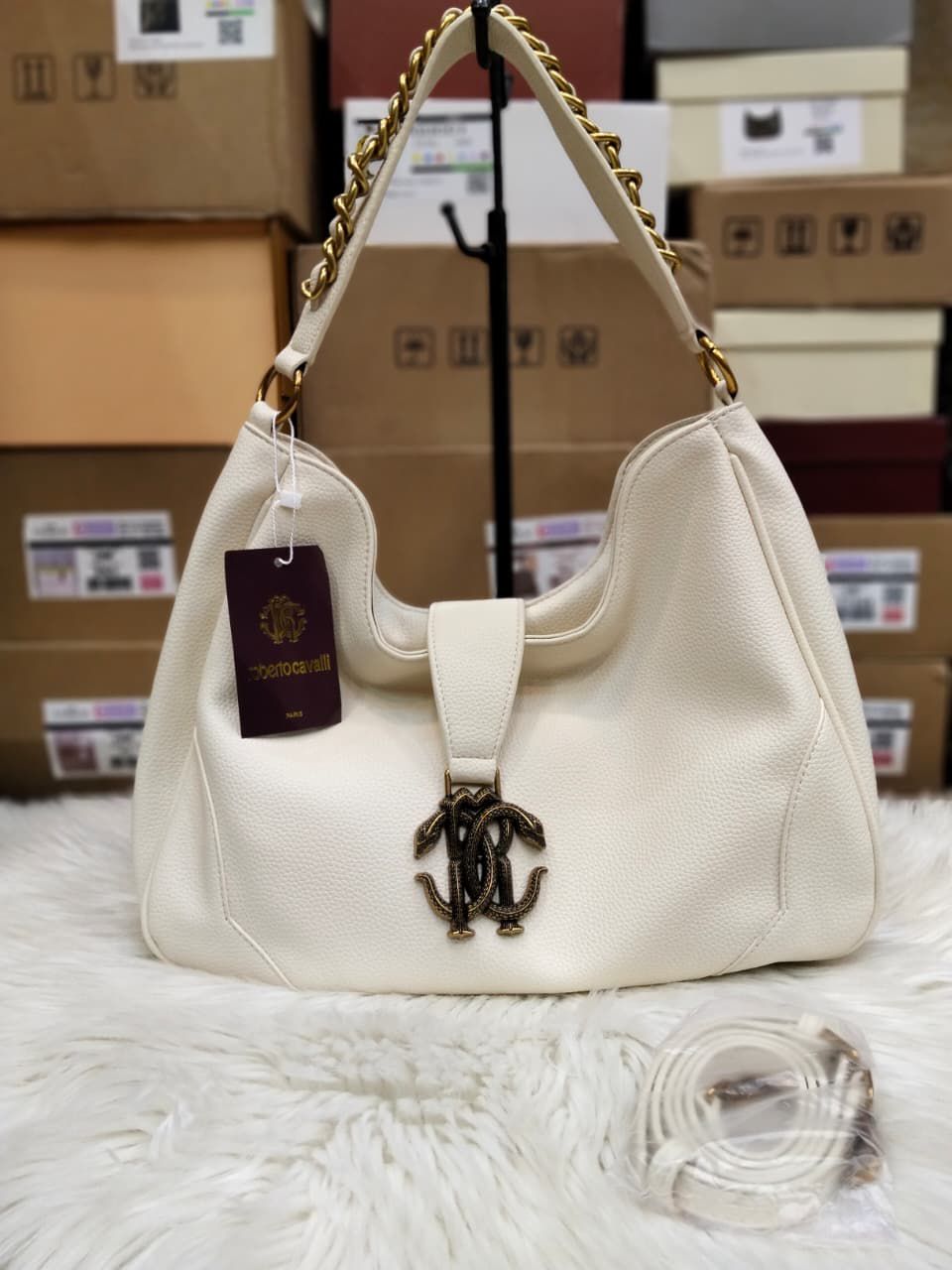 R-O-B-E-R-T-O C-A-V-A-L-L-I Chain Detail Shoulder Women Bag – Elegant Edition (Cream)