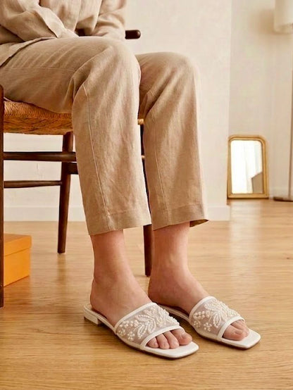 Z-A-R-A Embroidered Pearl Flat Slippers – Elegant Women Footwear (White)