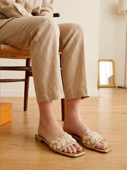 Z-A-R-A Embroidered Pearl Flat Slippers – Elegant Women Footwear (Gold)