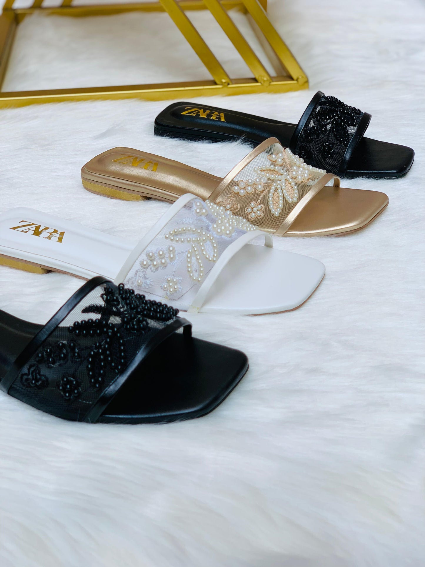 Z-A-R-A Embroidered Pearl Flat Slippers – Elegant Women Footwear (Gold)