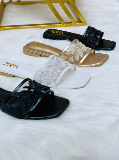 Z-A-R-A Embroidered Pearl Flat Slippers – Elegant Women Footwear (Gold)