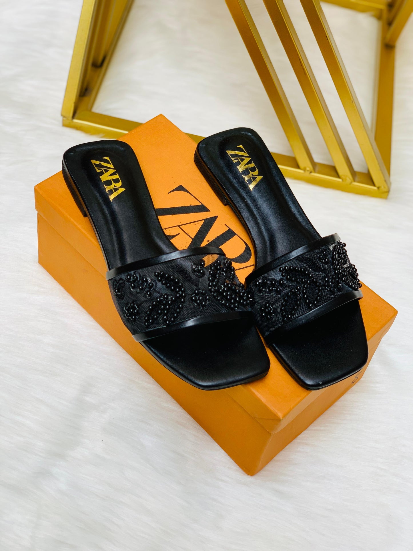 Z-A-R-A Embroidered Pearl Flat Slippers – Elegant Women Footwear (Black)