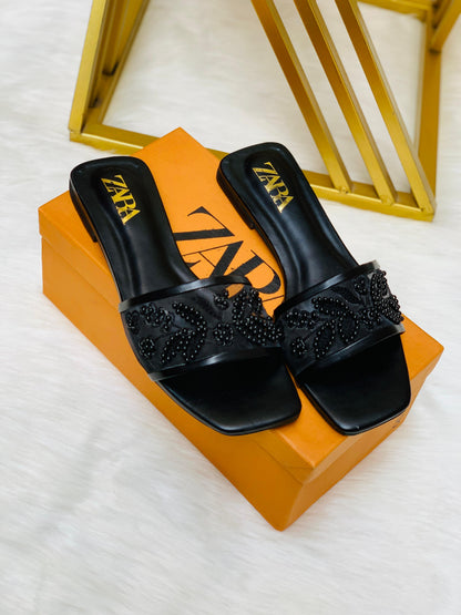 Z-A-R-A Embroidered Pearl Flat Slippers – Elegant Women Footwear (Black)