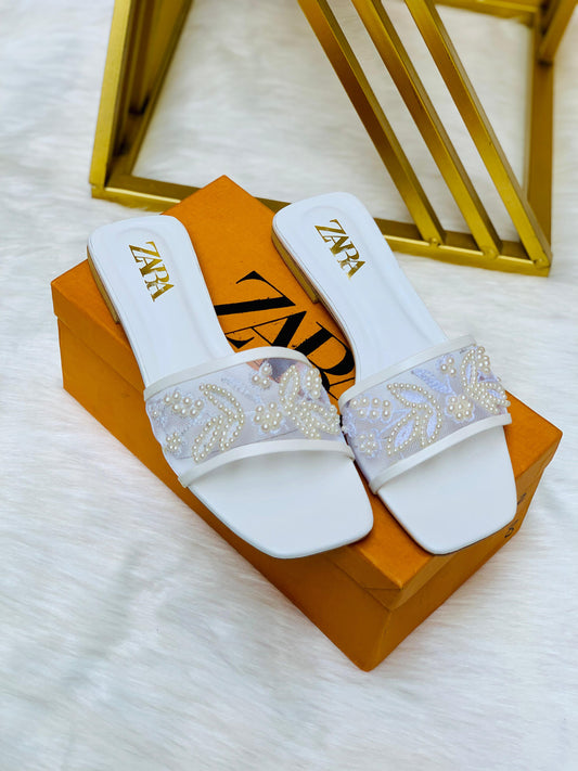 Z-A-R-A Embroidered Pearl Flat Slippers – Elegant Women Footwear (White)