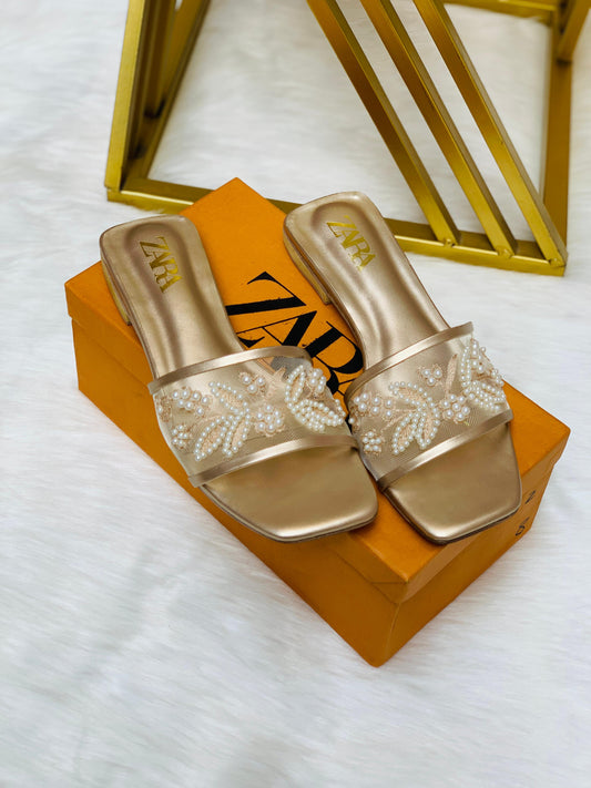 Z-A-R-A Embroidered Pearl Flat Slippers – Elegant Women Footwear (Gold)