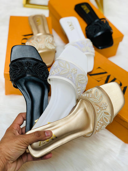 Z-A-R-A Embroidered Pearl Flat Slippers – Elegant Women Footwear (Gold)