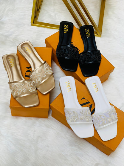 Z-A-R-A Embroidered Pearl Flat Slippers – Elegant Women Footwear (Gold)