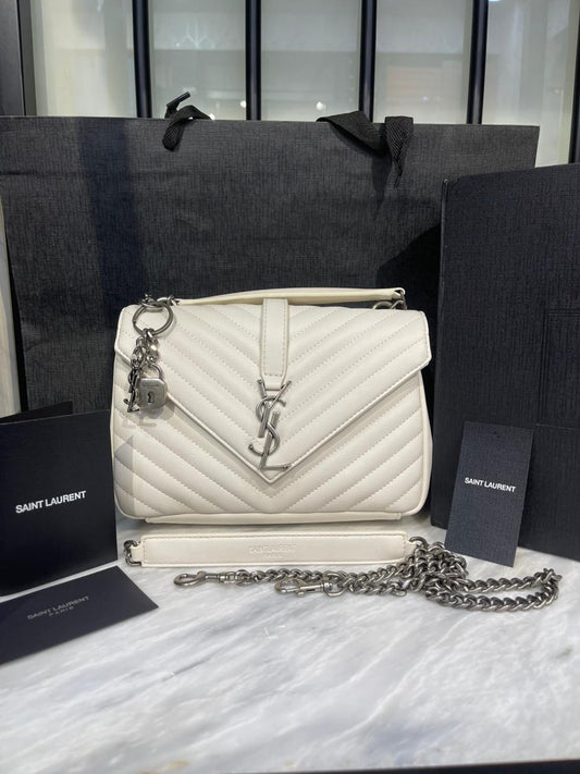 Y-S-L College Medium Quilted Women Bag – Iconic Edition (White/Silver)