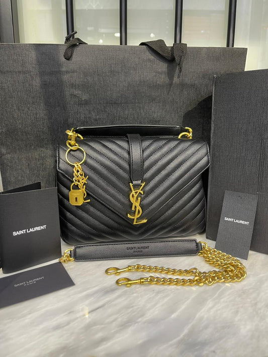 Y-S-L College Medium Quilted Women Bag – Iconic Edition (Black/Gold))