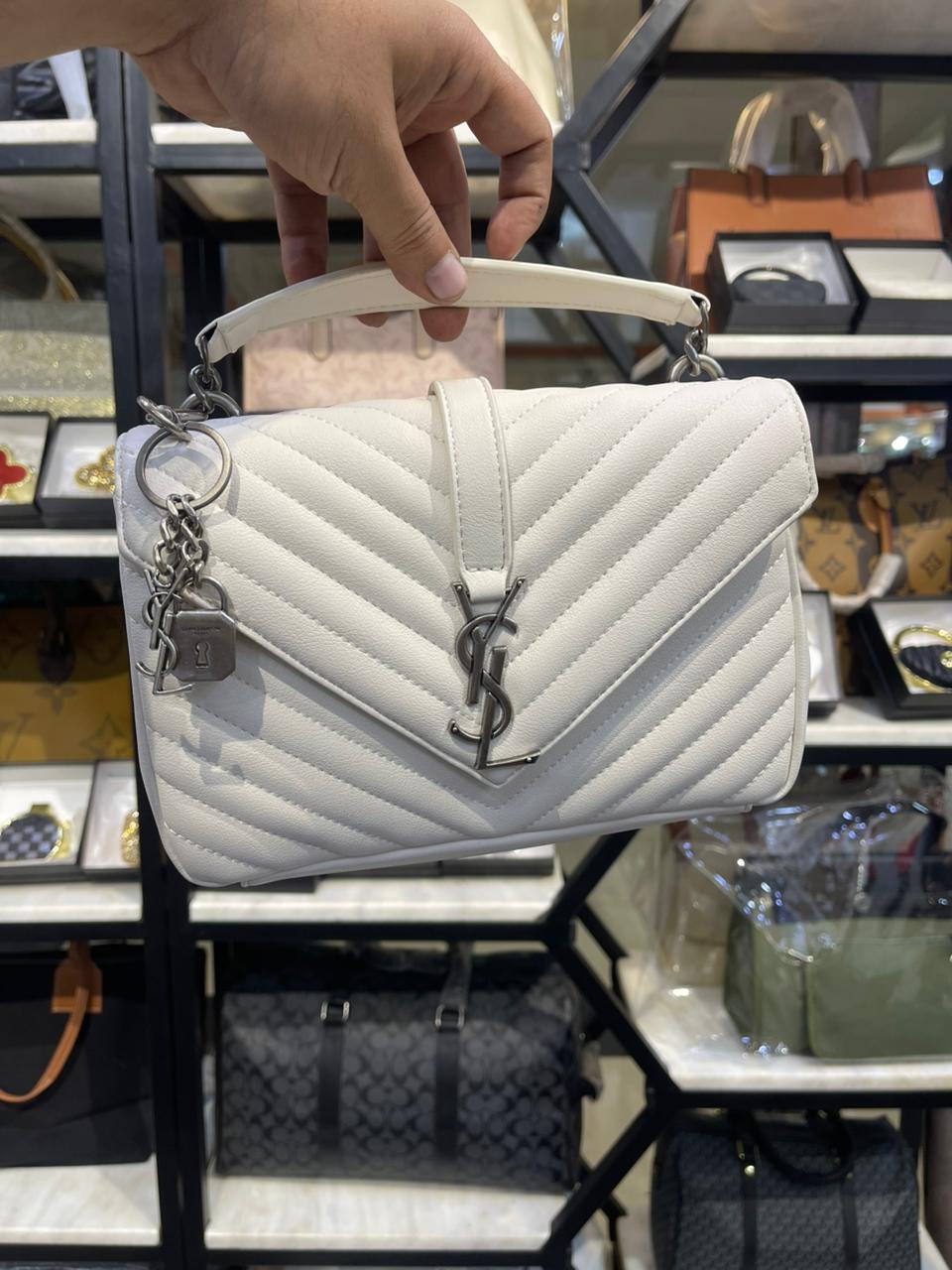 Y-S-L College Medium Quilted Women Bag – Iconic Edition (White/Silver)