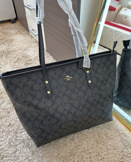 C-O-A-C-H City Zipper Tote Women Bag – Signature Canvas Edition (Black/Grey)