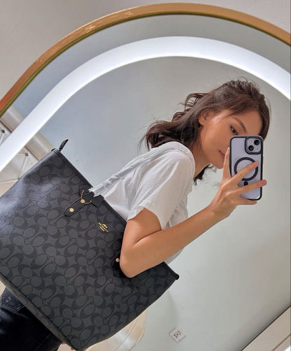 C-O-A-C-H City Zipper Tote Women Bag – Signature Canvas Edition (Black/Grey)