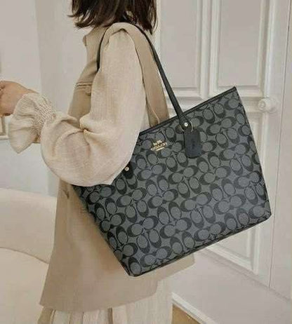 C-O-A-C-H City Zipper Tote Women Bag – Signature Canvas Edition (Black/Grey)