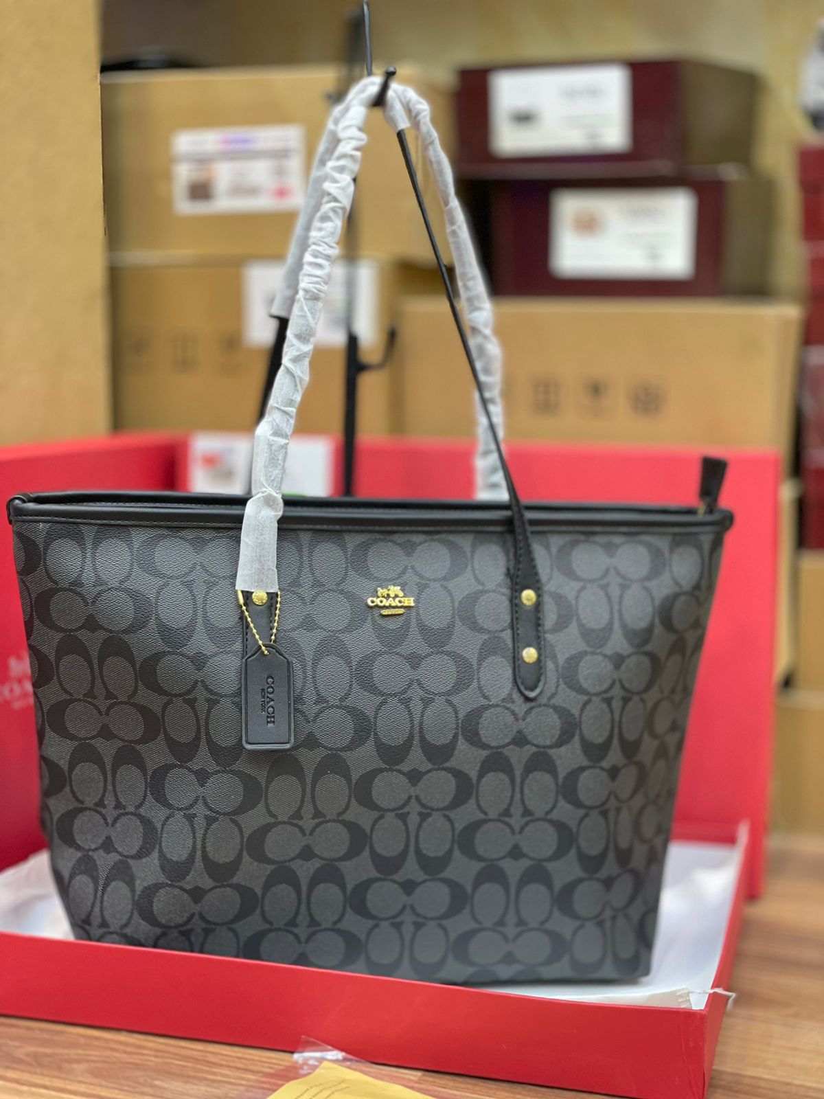 C-O-A-C-H City Zipper Tote Women Bag – Signature Canvas Edition (Black/Grey)