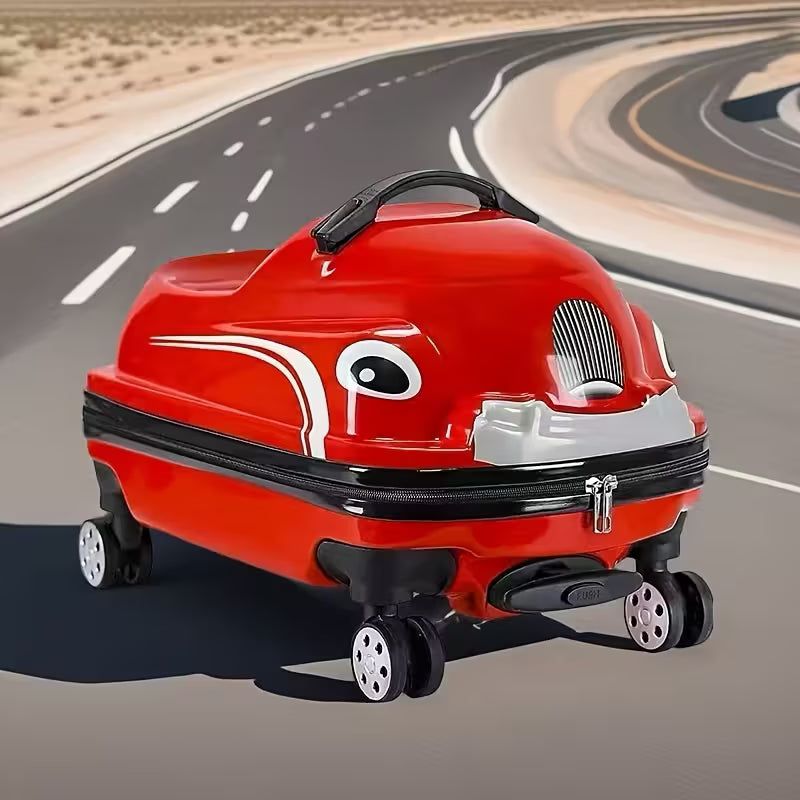 Kids 20-Inch 3D Cartoon Trolley Luggage – Ride-On Suitcase (Red)