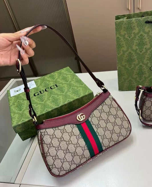 G-U-C-C-I Ophidia Small Shoulder Women Bag – Classic Edition (Maroon/Beige)
