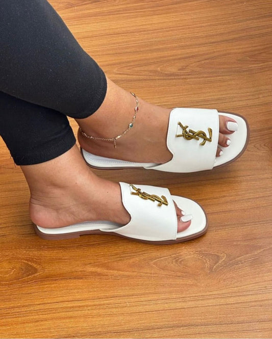 Y-S-L S-a-i-n-t L-a-u-r-e-n-t Flat Slippers – Official Model Women Footwear (White)