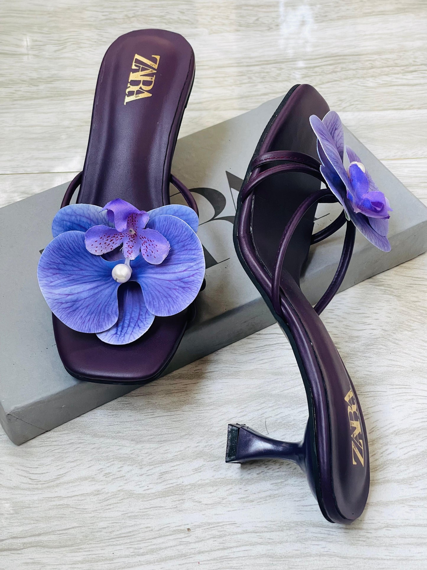 Z-A-R-A Floral Heels – Bloom Style Women Footwear (Purple)