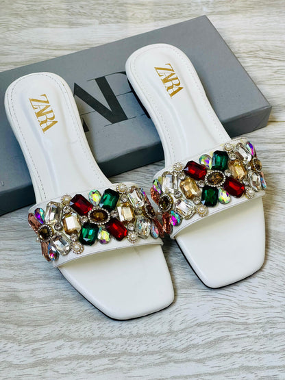 Z-A-R-A Stones Bunch Flats – Sparkle Comfort Women Footwear (White)