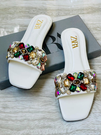 Z-A-R-A Stones Bunch Flats – Sparkle Comfort Women Footwear (White)