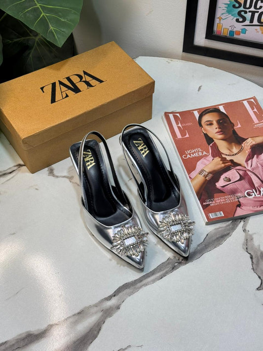 Z-A-R-A Rhinestone Buckle Kitten Heels – Glam Step Women Footwear (Silver)