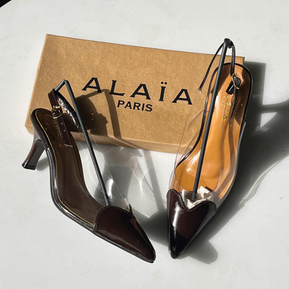 A-L-A-Ï-A Le Cœur Slingbacks – Heartline Patent Women Footwear (Brown-1)