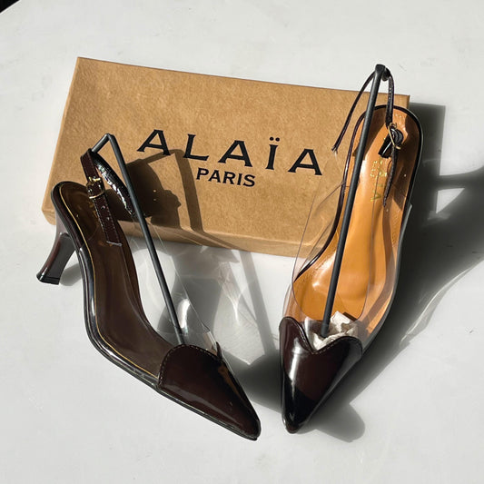 A-L-A-Ï-A Le Cœur Slingbacks – Heartline Patent Women Footwear (Brown-1)