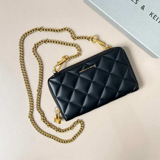 C-H-A-R-L-E-S & K-E-I-T-H Swing Quilted Zip Key Pouch – Travel Smart Women Bag (Black/Gold)