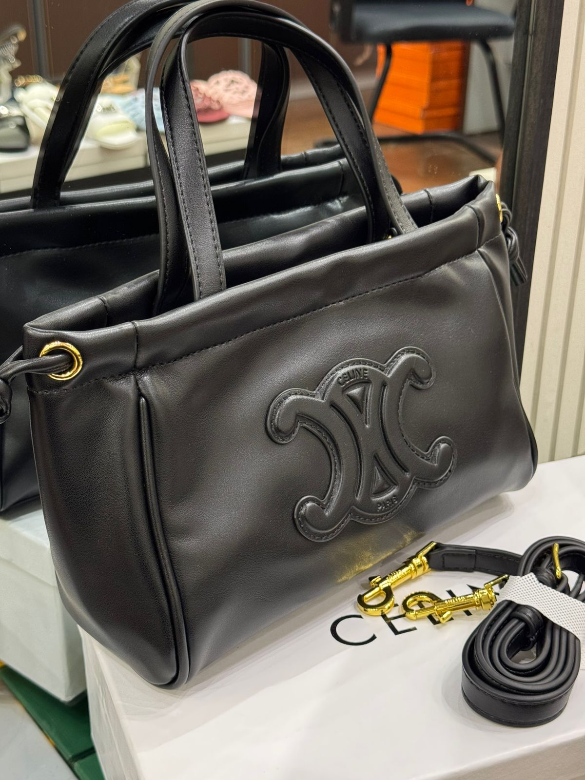 C-E-L-I-N-E Small Cabas Drawstring – Triomphe Carry Women Bag (Black)