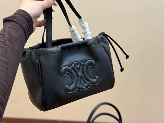 C-E-L-I-N-E Small Cabas Drawstring – Triomphe Carry Women Bag (Black)