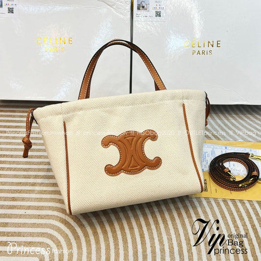 C-E-L-I-N-E Small Cabas Drawstring – Triomphe Carry Women Bag (White/Brown)