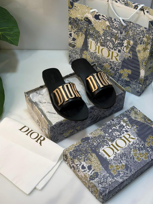 C-H-R-I-S-T-I-A-N D-I-O-R Logo Slides – Comfort Women Footwear (Black/Gold)