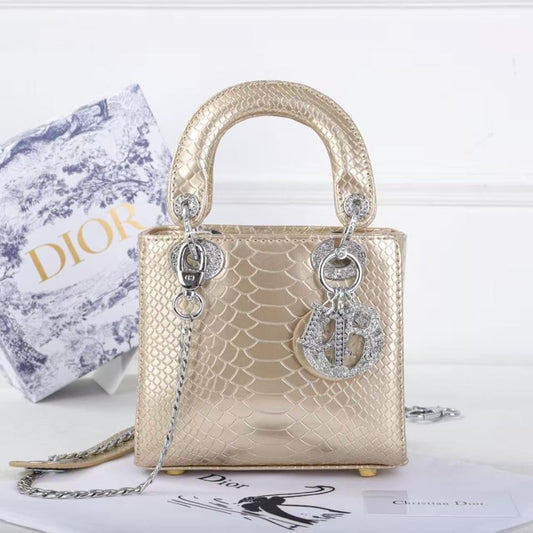C-H-R-I-S-T-I-A-N D-I-O-R Mini Lady Dior – Crystal Charm Women Bag (Gold)