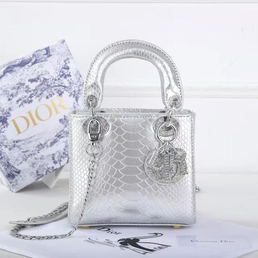 C-H-R-I-S-T-I-A-N D-I-O-R Mini Lady Dior – Crystal Charm Women Bag (Silver)