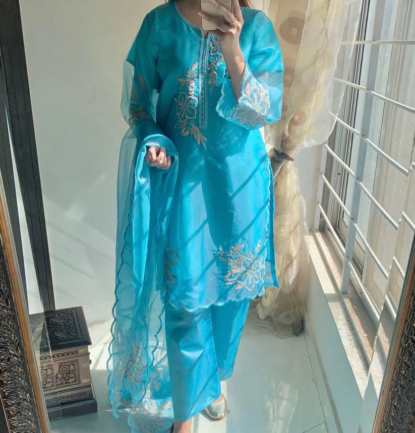 " KIRAZ " Organza Aqua 3Pcs Stitched Embroidered Suit (Aqua)