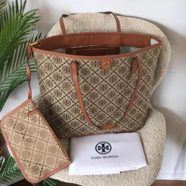 Tory Burch Monogram Zip Tote Women Bag with Pouch – Official Model 2025(Brown)