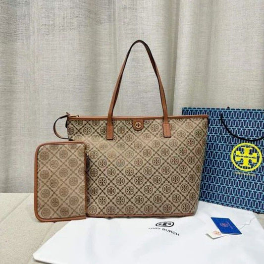 Tory Burch Monogram Zip Tote Women Bag with Pouch – Official Model 2025(Brown)