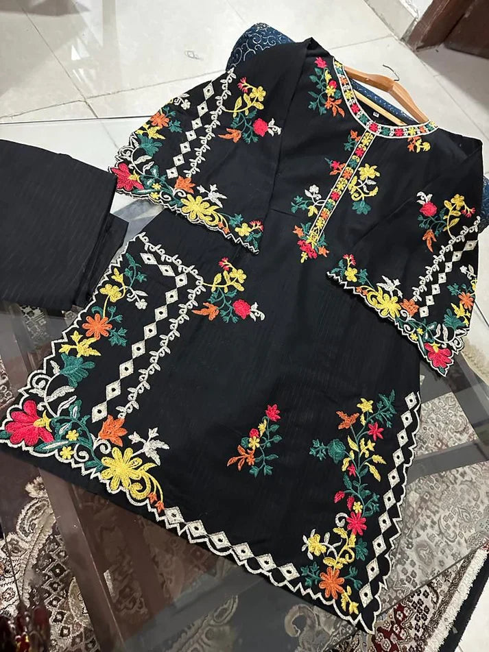 Khadi CutWork 2Pcs Stitched (Black)