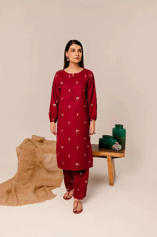 Baaz 2Pcs Stitched Embroidered Dress (Maroon)